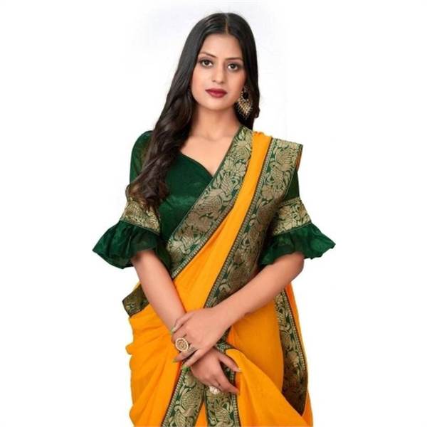 BELLA AND CO Solid/Plain Self Design Bollywood Silk Blend Saree (Yellow)